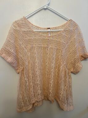 Free People Blush Peach Lace Short Sleeve Top